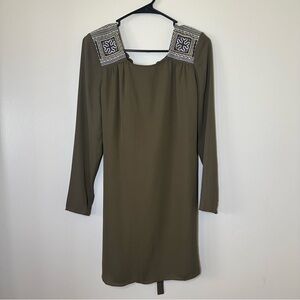 NWT Esley Khaki Long Sleeve‎ Dress with Square Embroidery